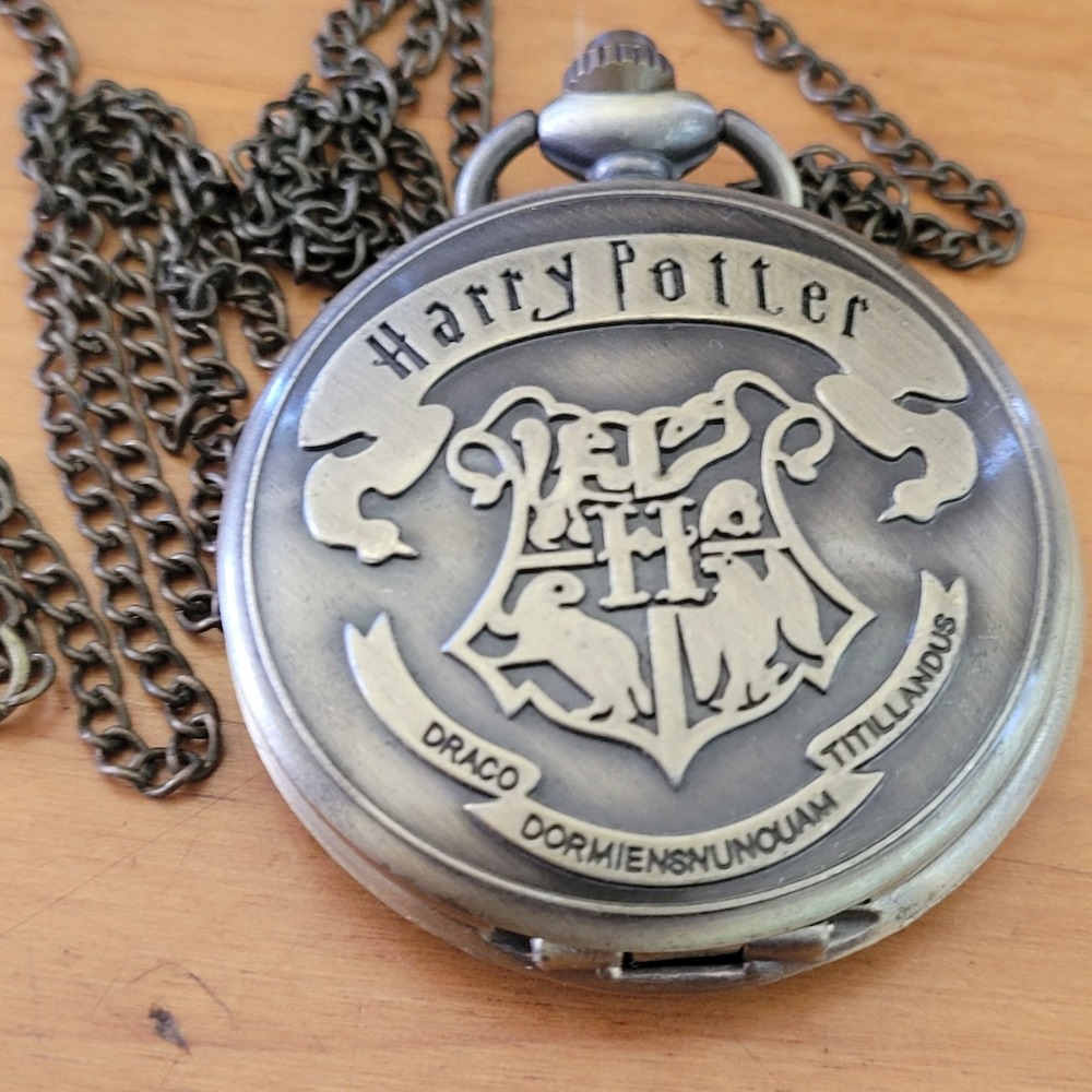Harry Potter Hogwarts Logo Pocket Watch Chain Brass Tone Steampunk Retro